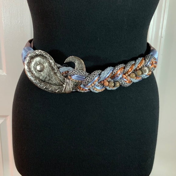 Carolyn Tanner Vintage Beaded Braided Bohemian Silver Medallion Belt - Picture 7 of 7